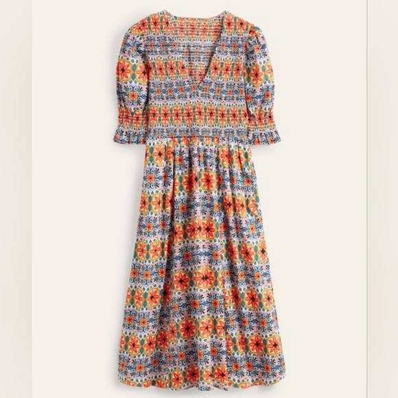 BODEN Smocked Bodice Puff Sleeve Midi Floral Deep V Dress Size 16/18R - Picture 2 of 15